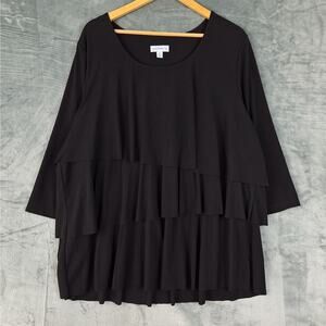 Susan Graver Top 2X Black Liquid Knit Ruffle Layered Asymmetrical Career Office